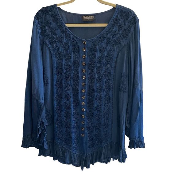 Holy Clothing Tops - Holy Clothing Blue Button Front Tunic Top Blouse Women’s Size Large 12